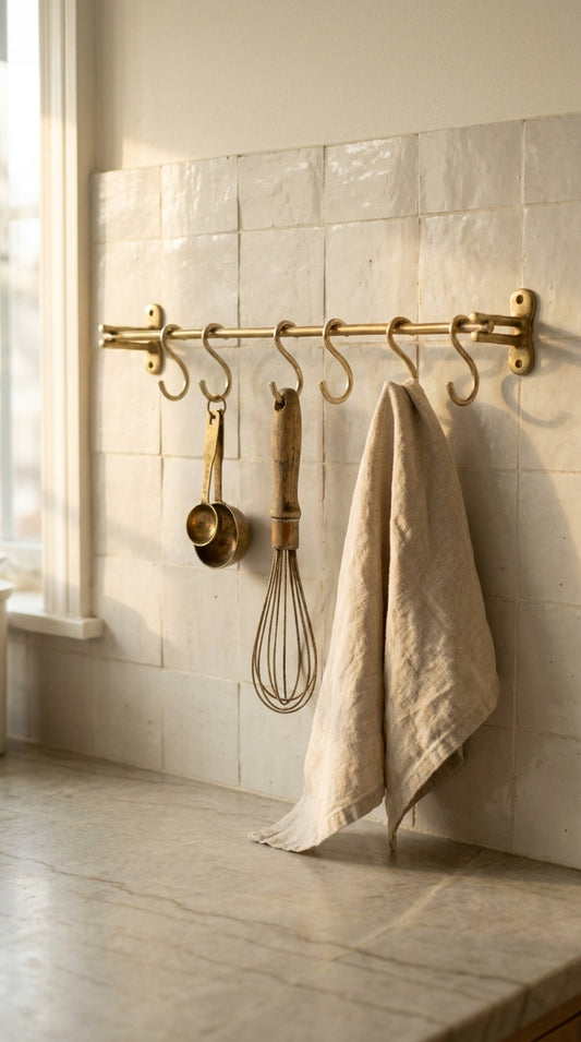 Luxury Solid Brass Kitchen Hanging Rail with 5 Hooks (18") F126